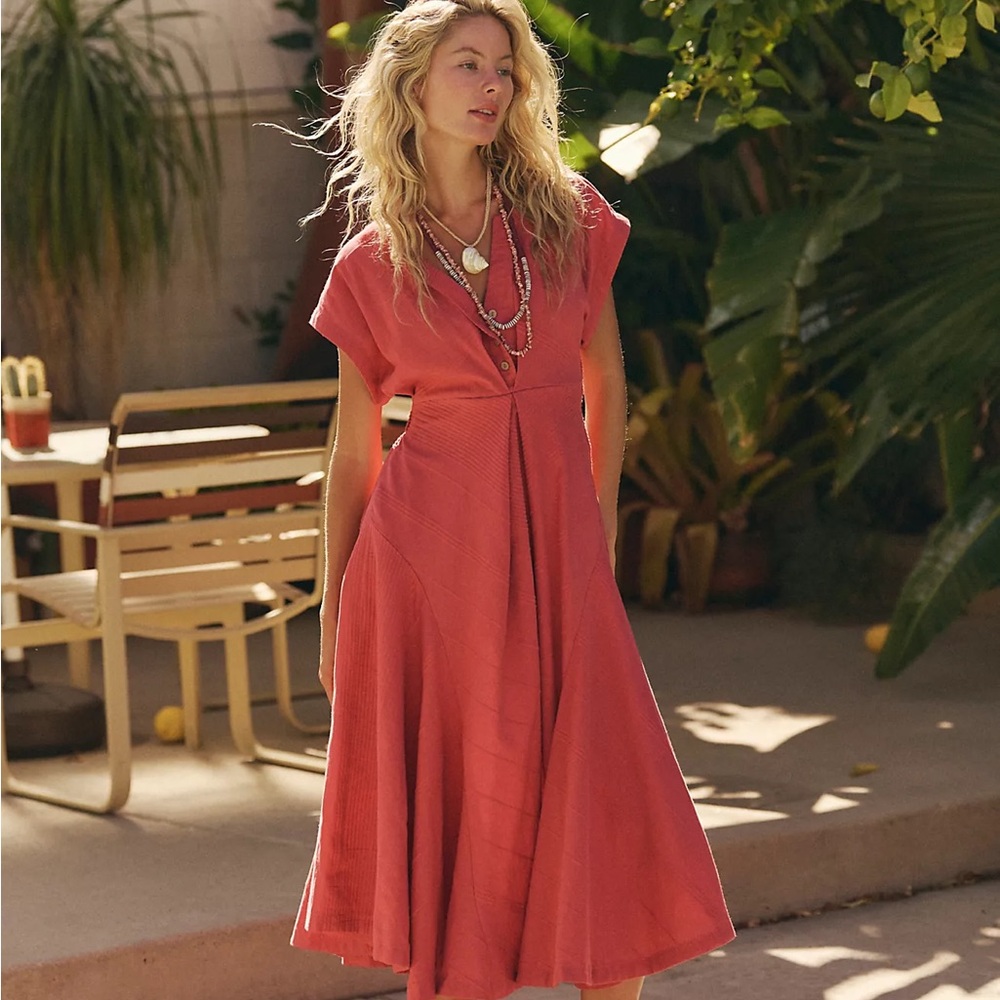 Free People Outta Here Bohemian Summer Elegant White Midi Button Textured Dress - Picture 5 of 7